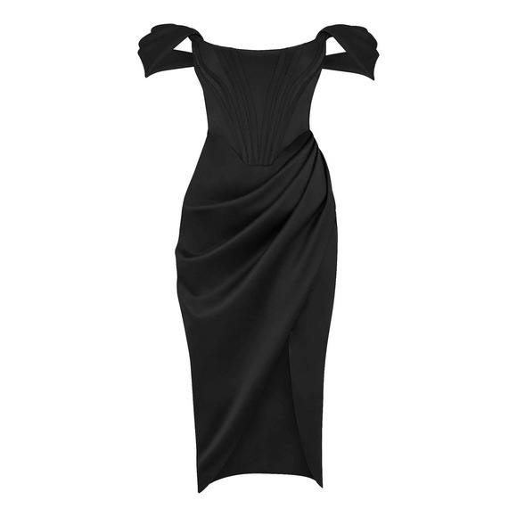 NWT House of CB Loretta Off the Shoulder Satin Corset‎ Dress Black - Size Small - Picture 6 of 15